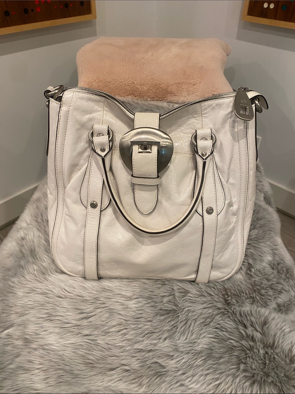 White Leather Shoulder Tote Bag with Silver Hardware
